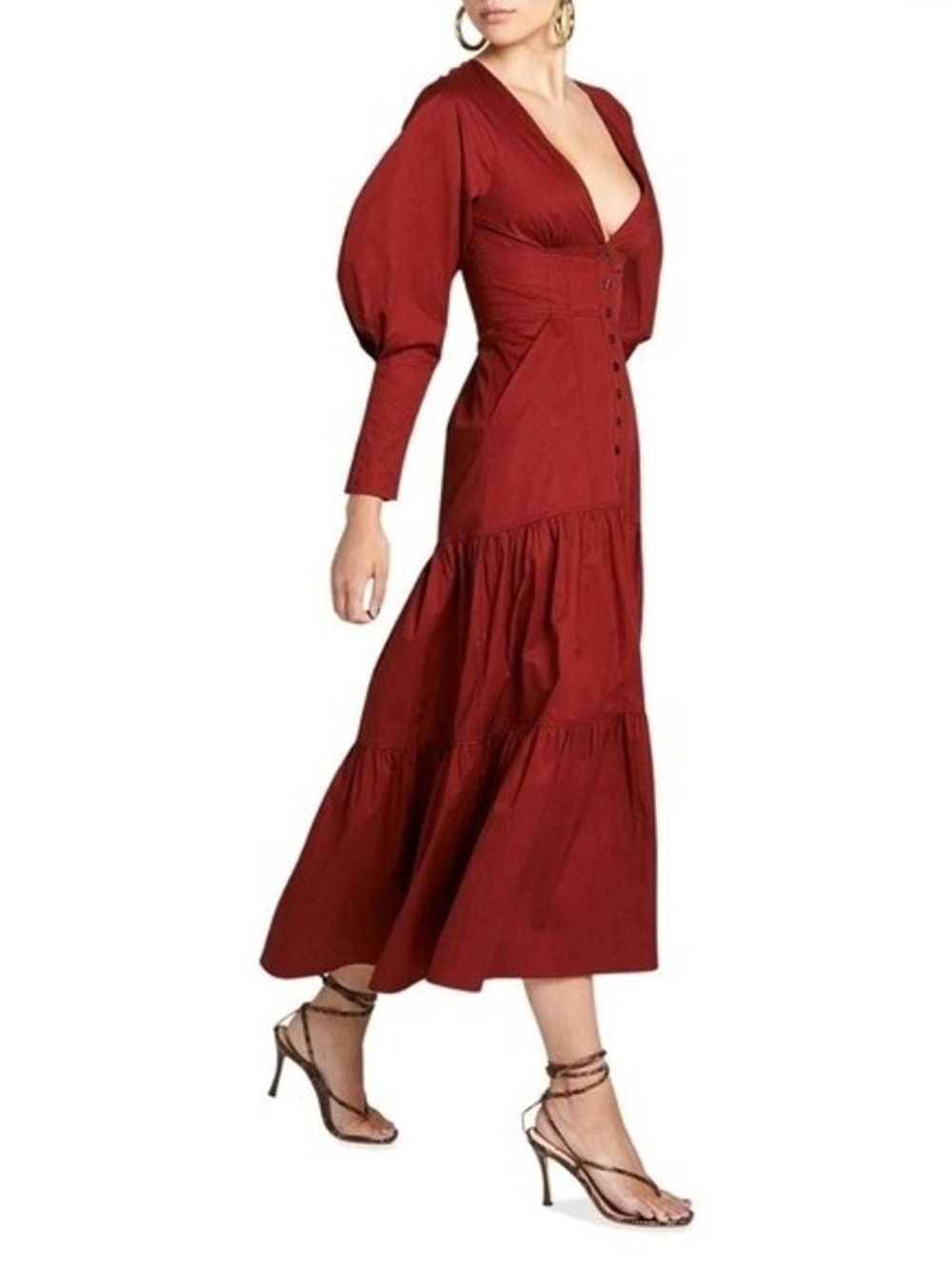 🍂 A.L.C. Fleur Dress Mutton Sleeve Tiered Cotton Maxi Button Front Sumac Red 0
